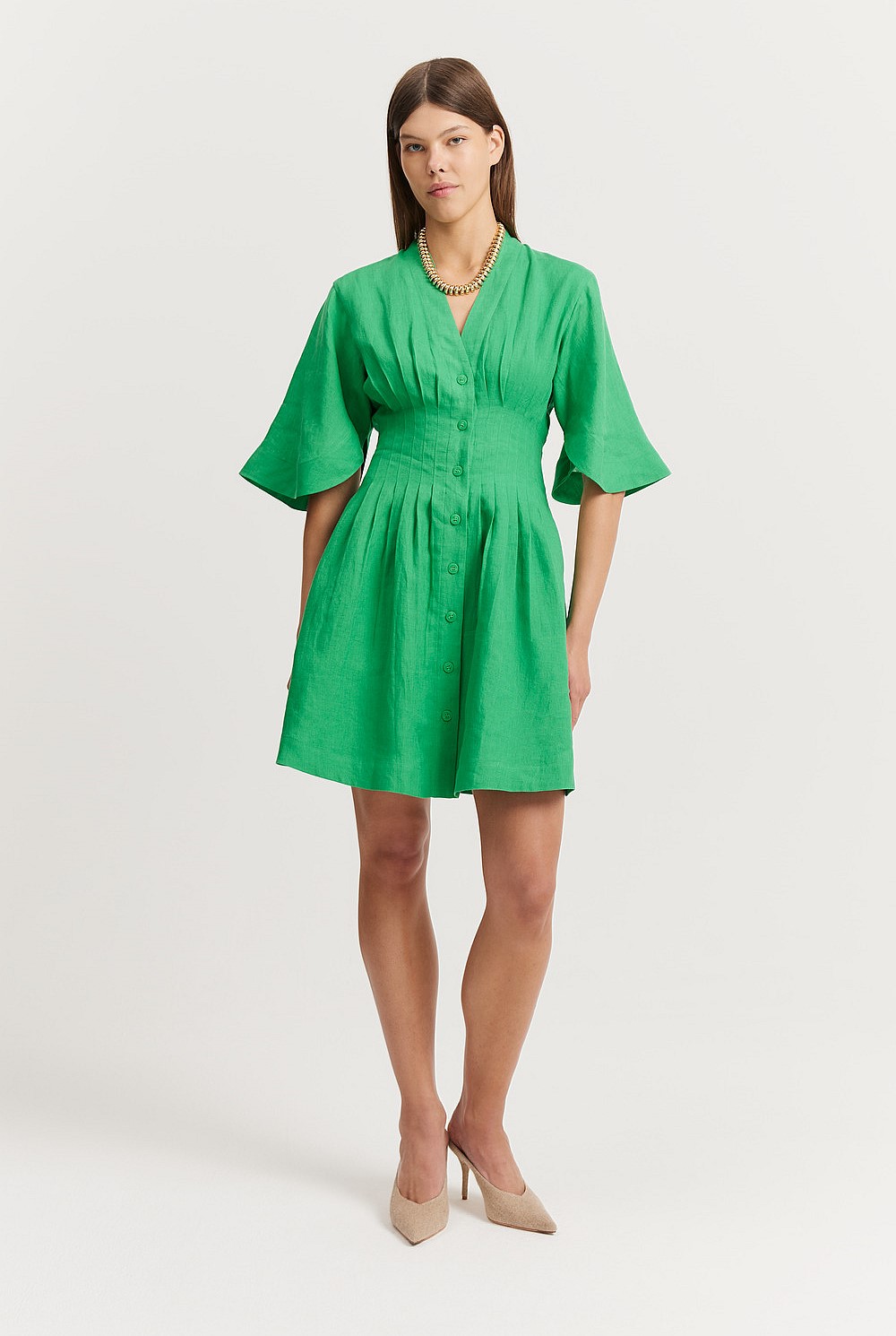 Jewel Green Linen Darted Mini Dress - Dresses | Country Road