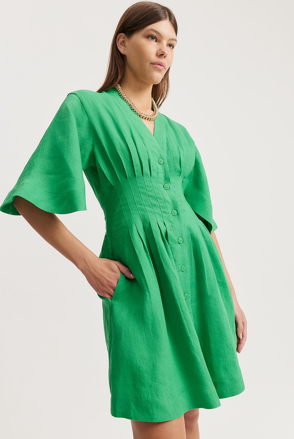 Jewel Green Linen Darted Mini Dress - Dresses | Country Road