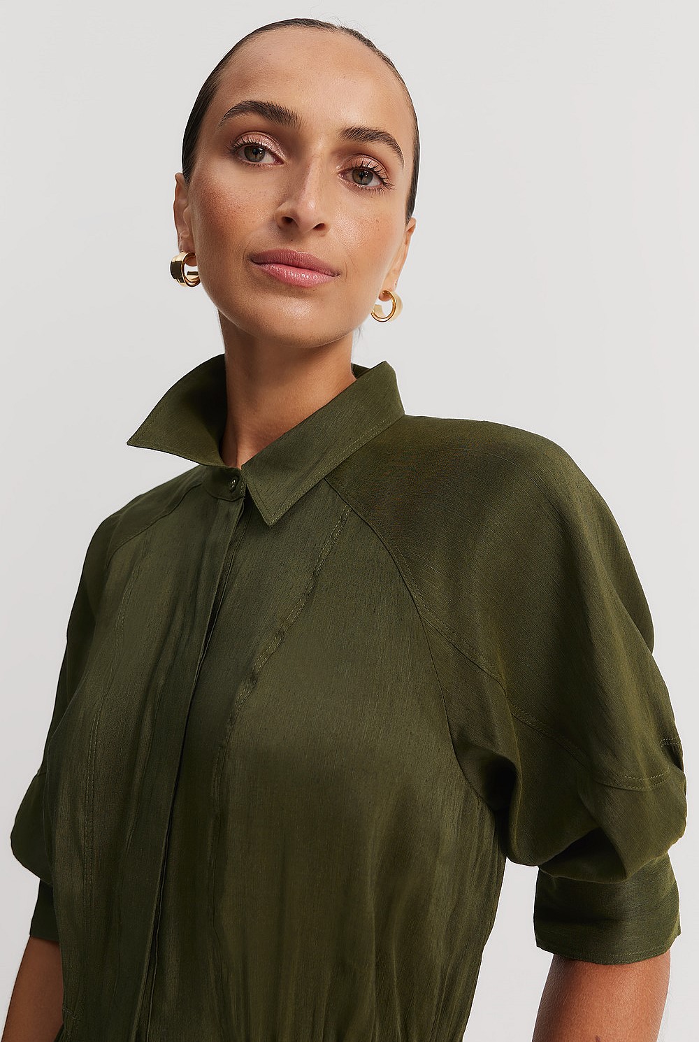 Dark Olive Linen Blend Fluid Cinched Shirt Dress - Dresses | Country Road
