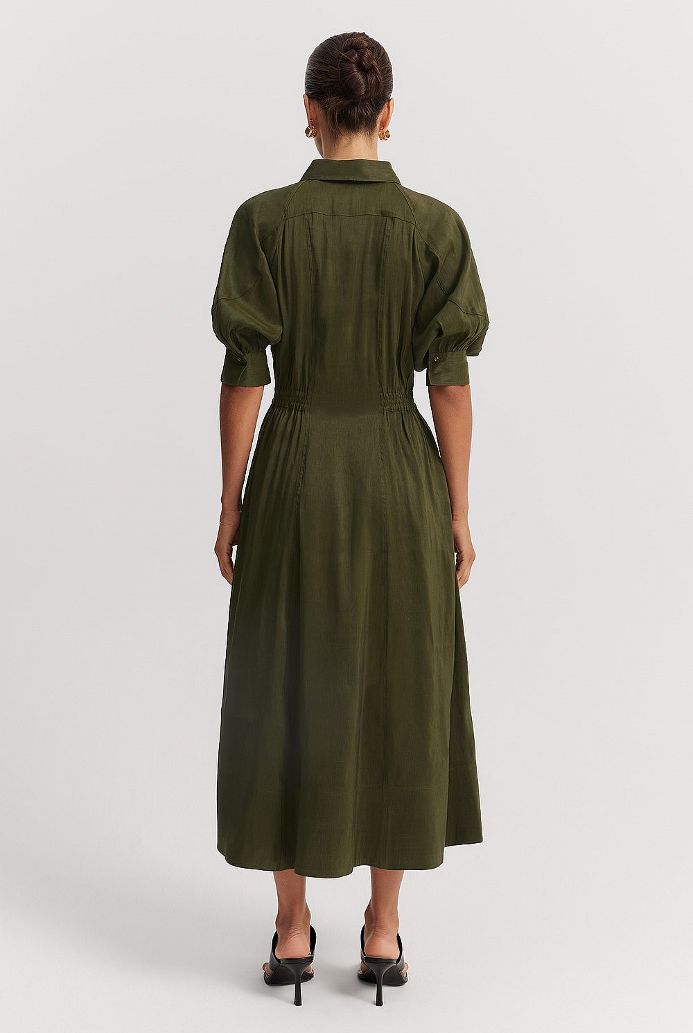 Dark Olive Linen Blend Fluid Cinched Shirt Dress - Dresses | Country Road