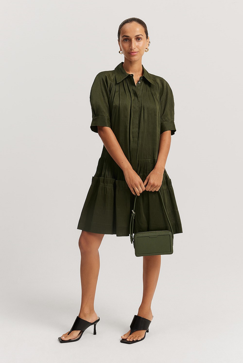 Dark Olive Tuck Detail Short Sleeve Shirt Dress - Dresses