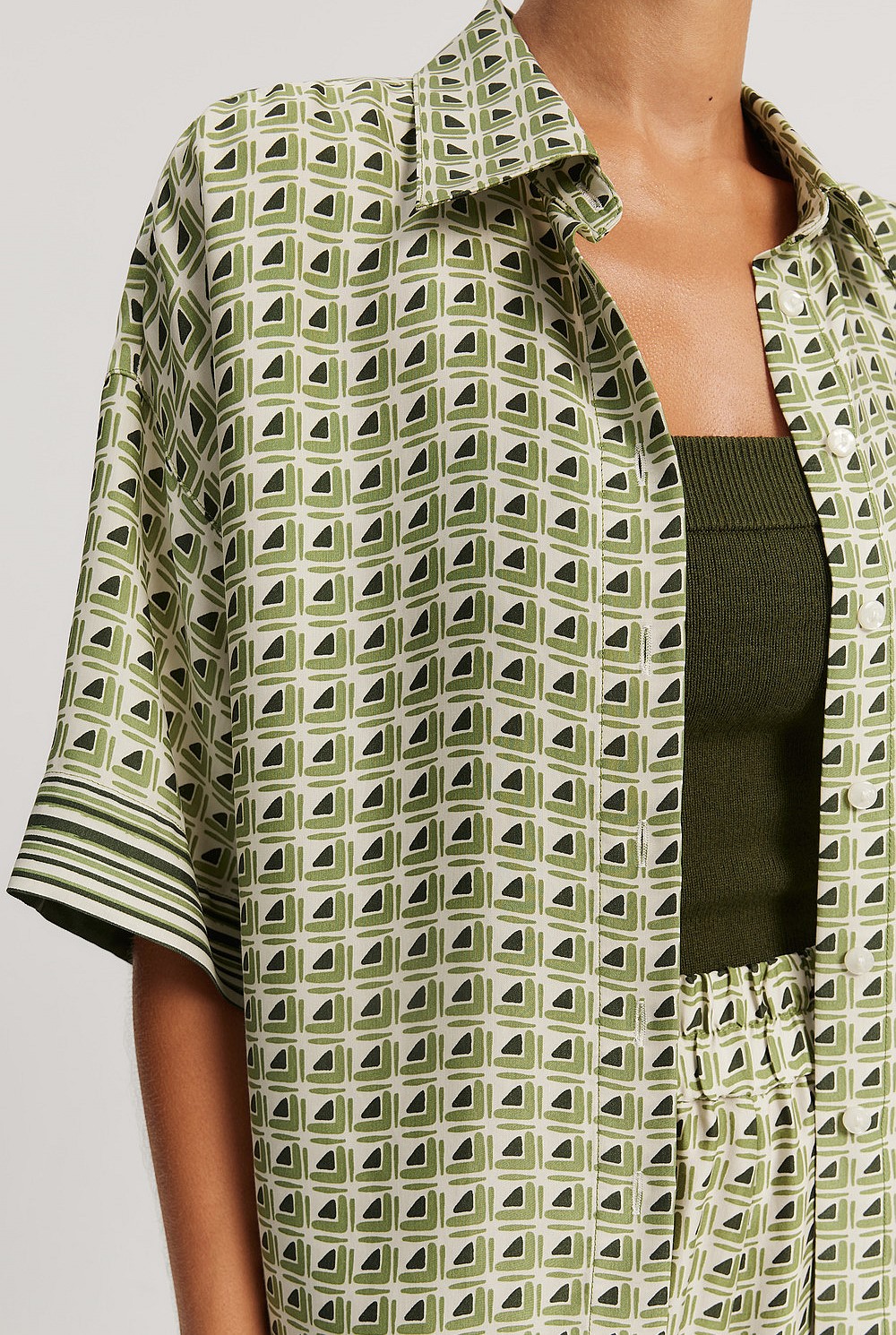 Multi Green Geo Print Short Sleeve Cupro Shirt - Shirts | Country Road