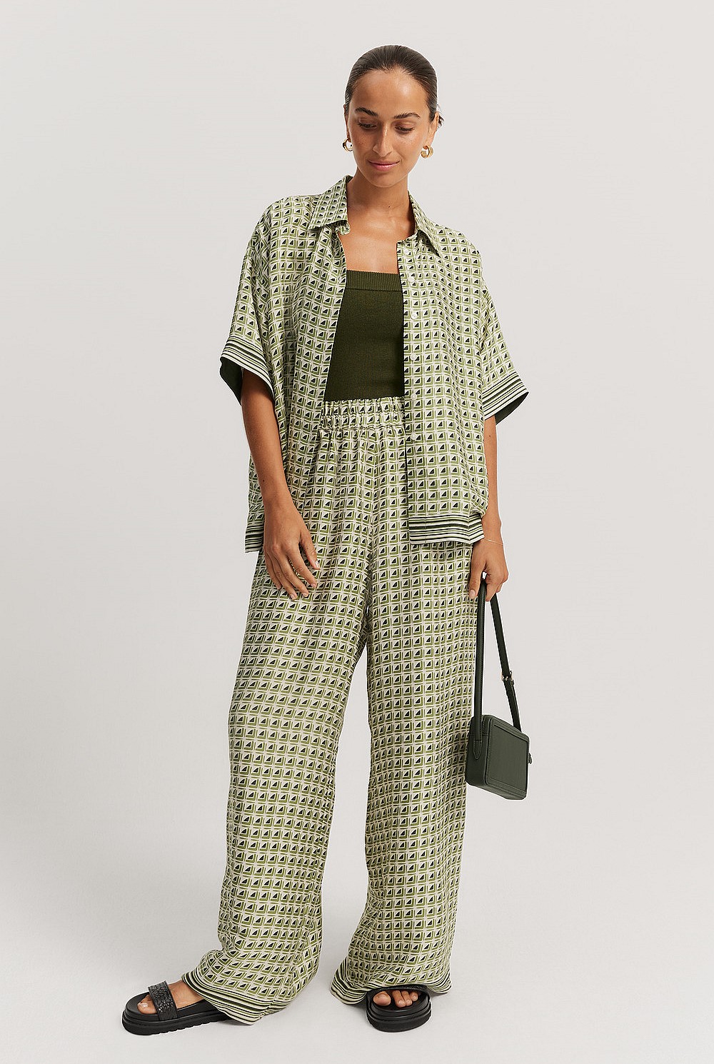 Multi Green Geo Print Short Sleeve Cupro Shirt - Shirts | Country Road