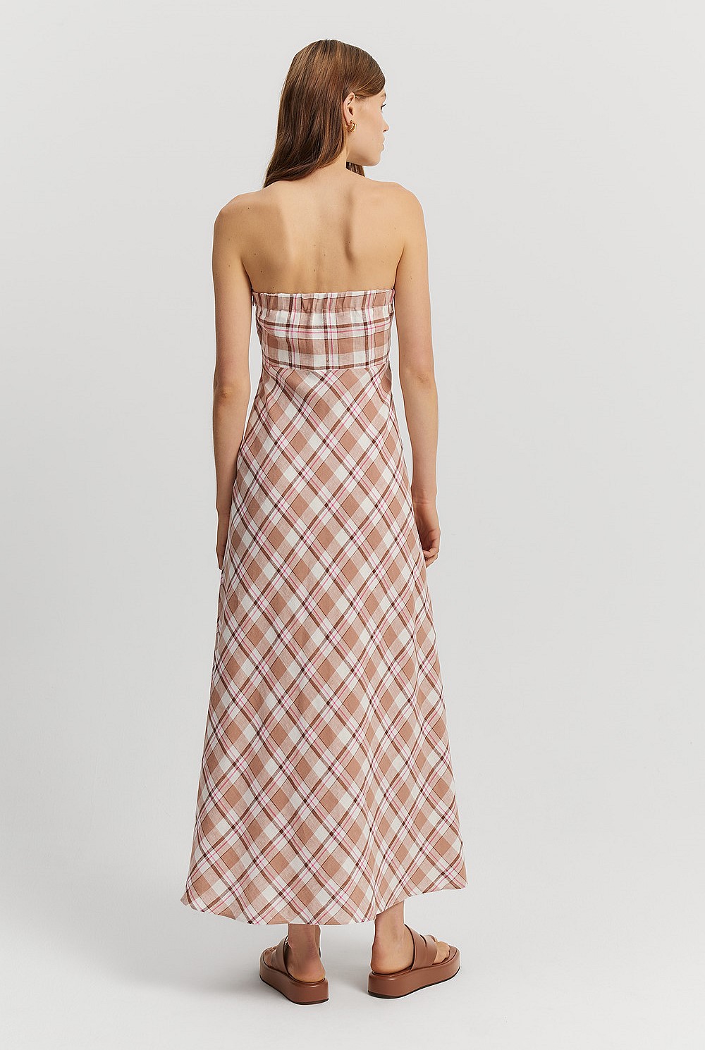 Nougat Check Linen Check Strapless Dress - Natural Fibres | Country Road