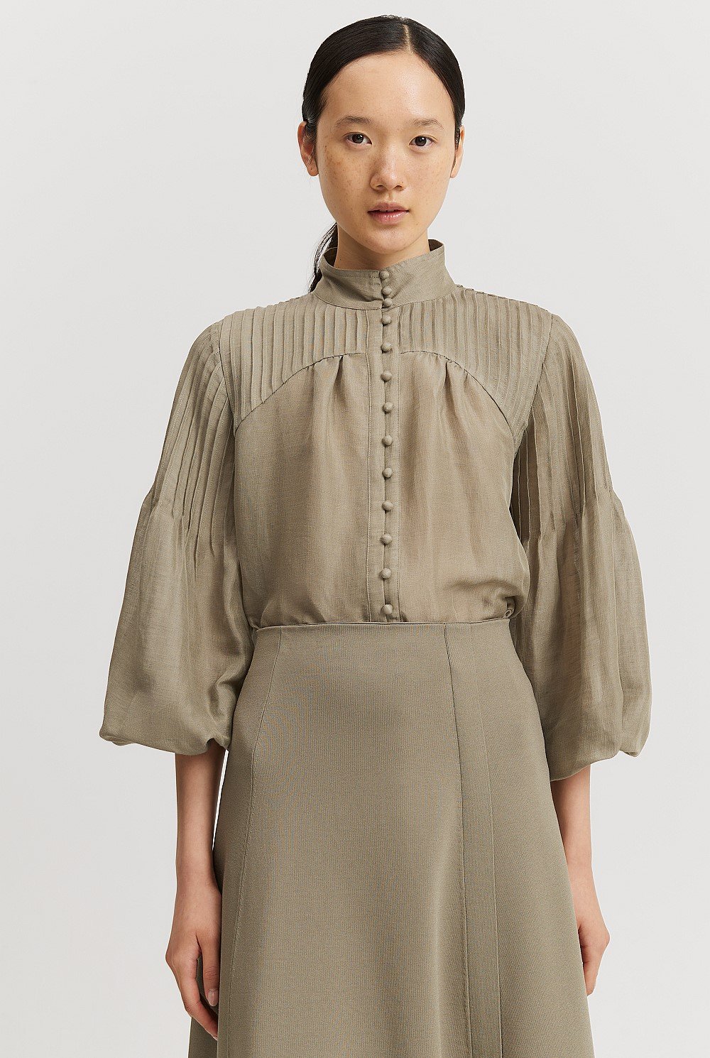 Sicilian Olive Pintuck Detail Blouse - Natural Fibres | Country Road