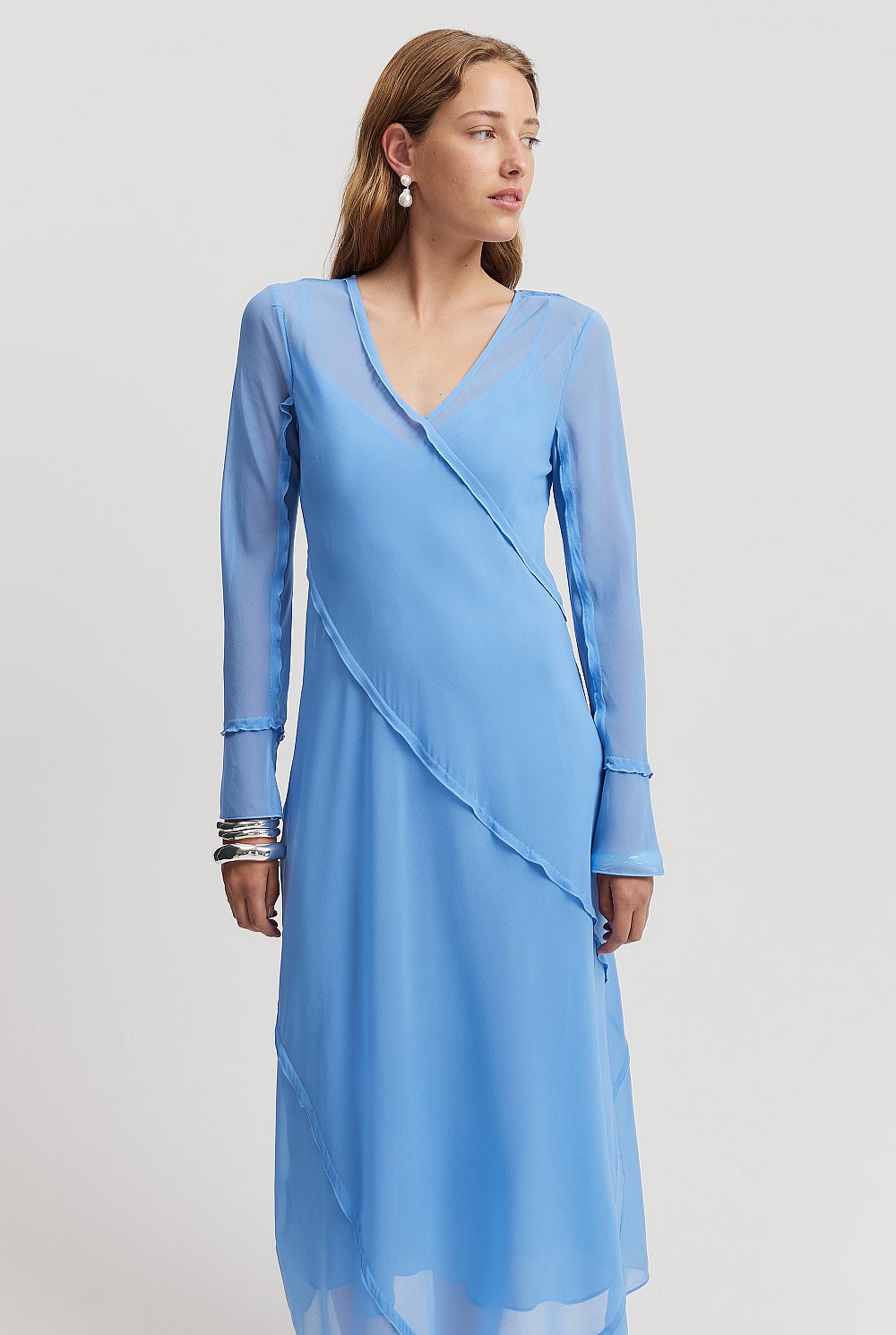 princess polly baby blue dress French Blue Georgette Long Sleeve Midi Dress - Dresses