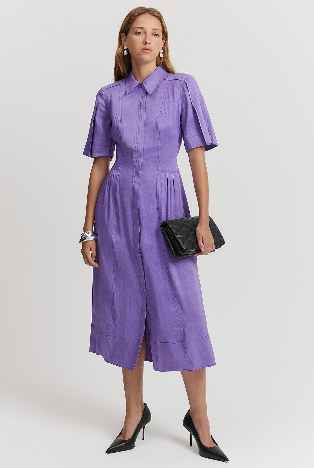 Deep Lilac Linen Blend Cinched Shirt Dress - Natural Fibres | Country Road Deep Lilac Linen Blend Cinched Shirt Dress - Natural Fibres | Country Road