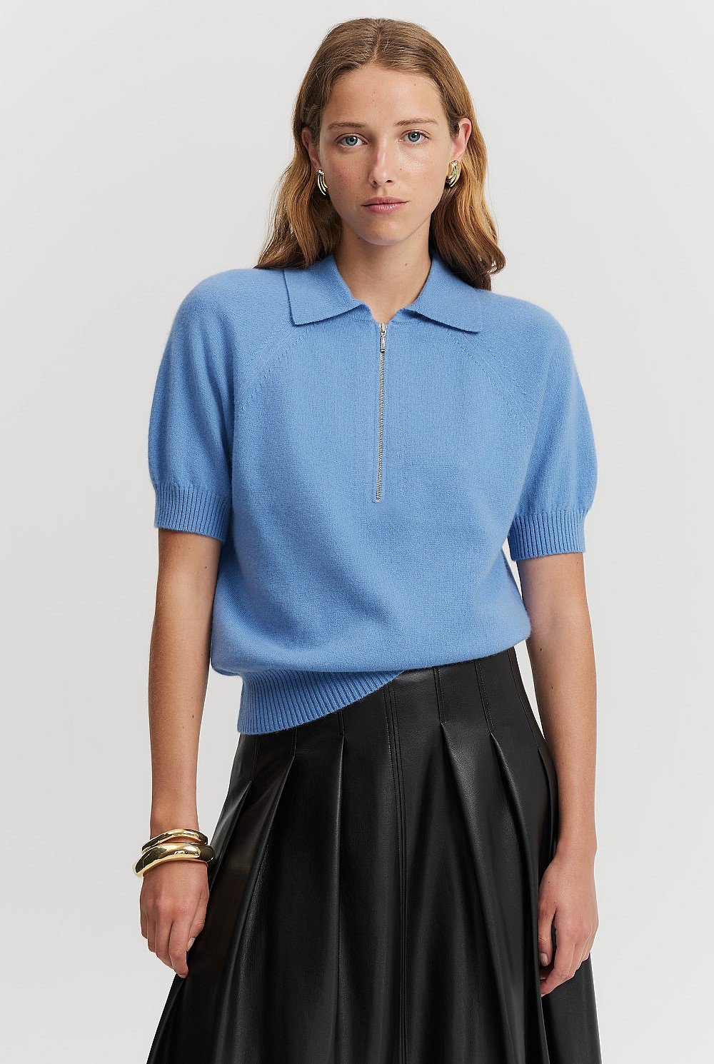 French Blue Cashmere Blend Zip-Through Knit Polo - Work | Country Road