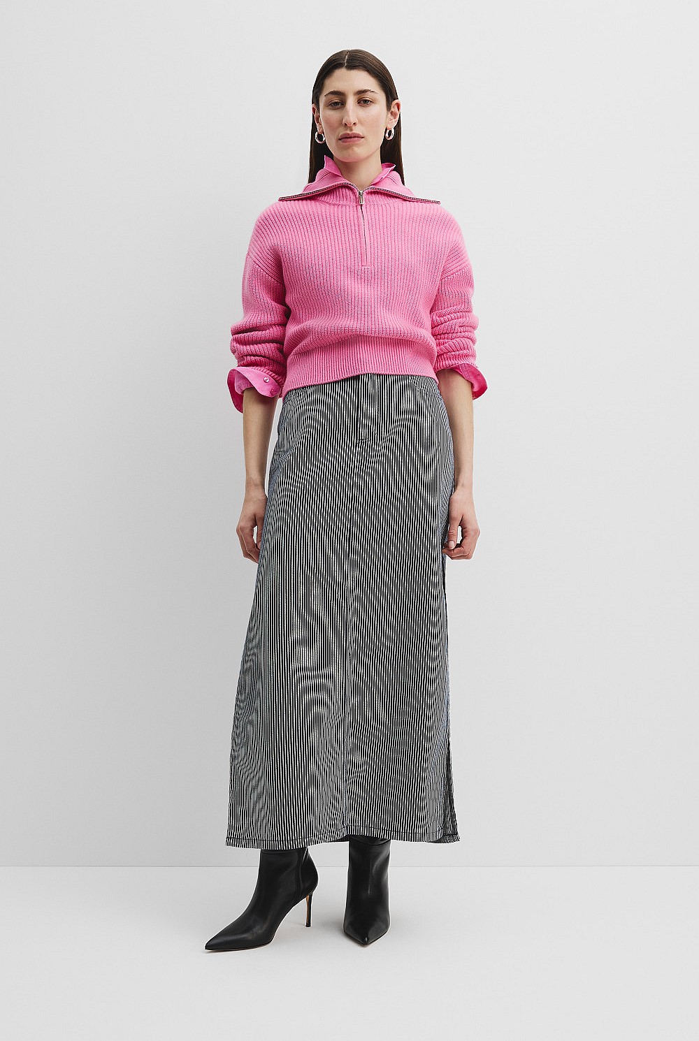 Pink Punch Organically Grown Cotton Blend Zip Neck Rib Knit