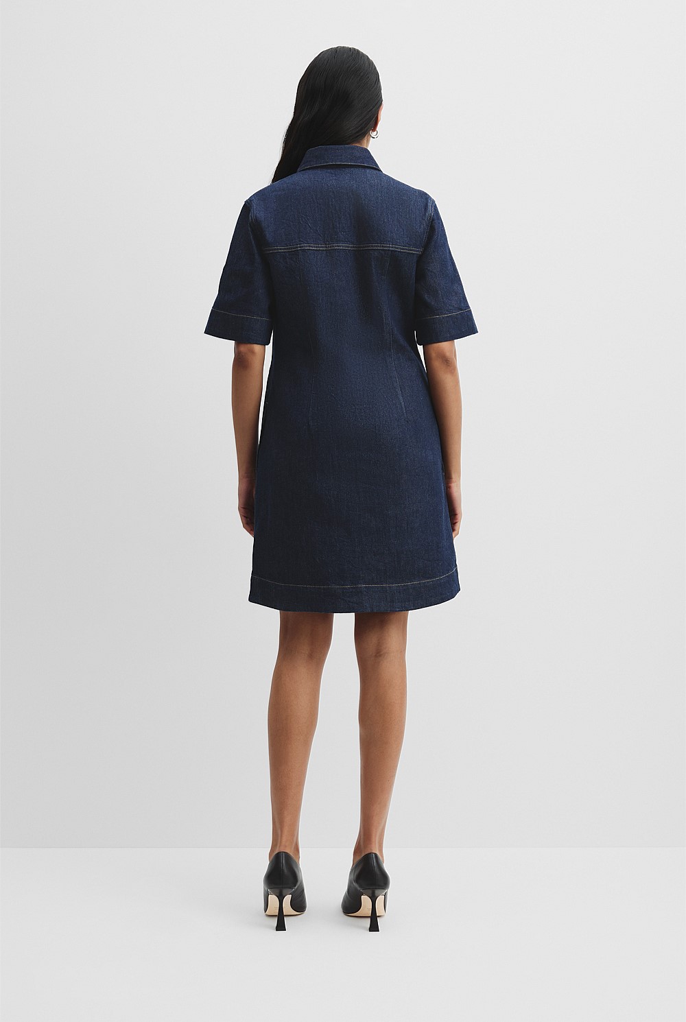 white christmas dresses Blue Denim Embroidered Belted Half Sleeve Midi Dress main image 0