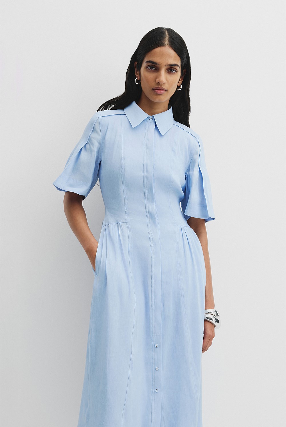 Sky Linen Blend Cinched Shirt Dress - Natural Fibres | Country Road Sky Linen Blend Cinched Shirt Dress - Natural Fibres | Country Road