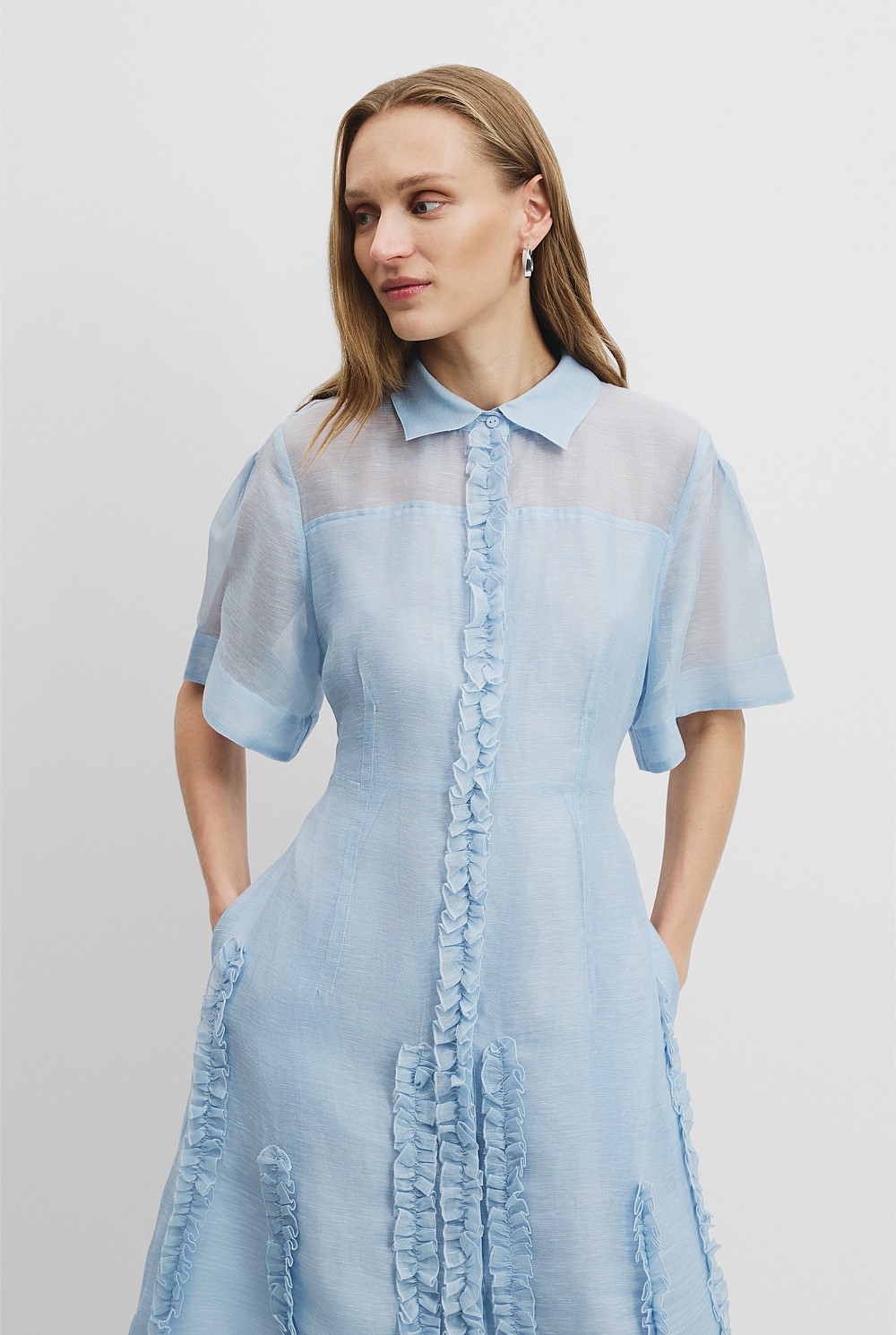 Smoke Blue Micro Ruffle Shirt Dress - Natural Fibres