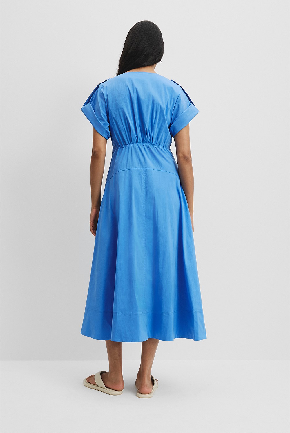 Arctic Blue Organically Grown Cotton Blend Poplin Basque Midi Dress - Dresses | Country Road Arctic Blue Organically Grown Cotton Blend Poplin Basque Midi Dress - Dresses | Country Road