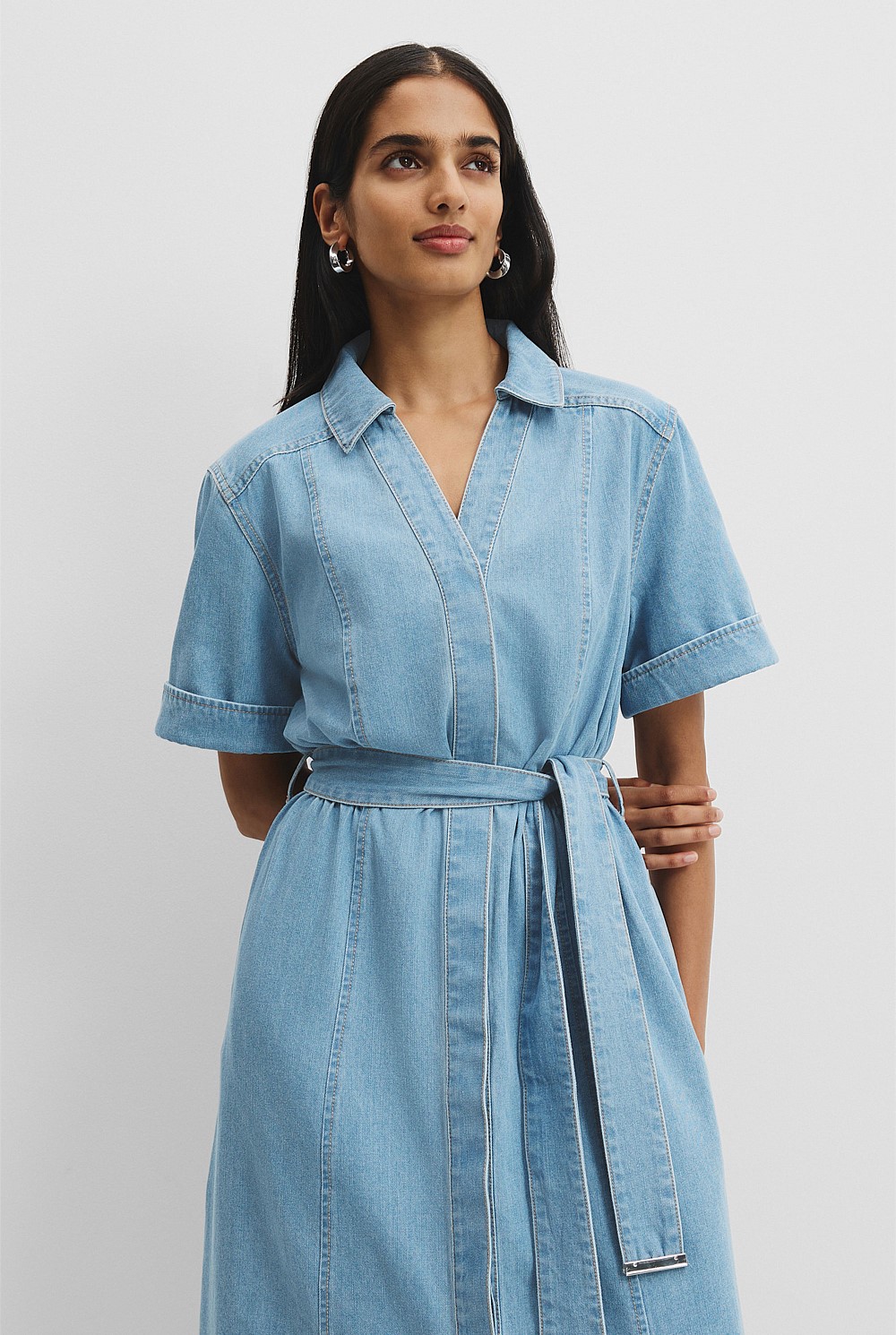 white christmas dresses Medium Wash Chambray Denim Open Back Midi Dress