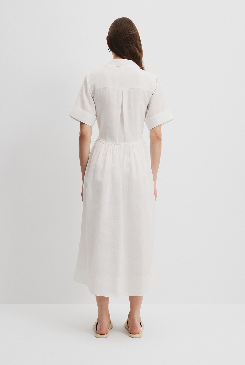 knee length dresses for ladies CALIstyle The Ultimate Button Down Shirt Dress In White main image 1
