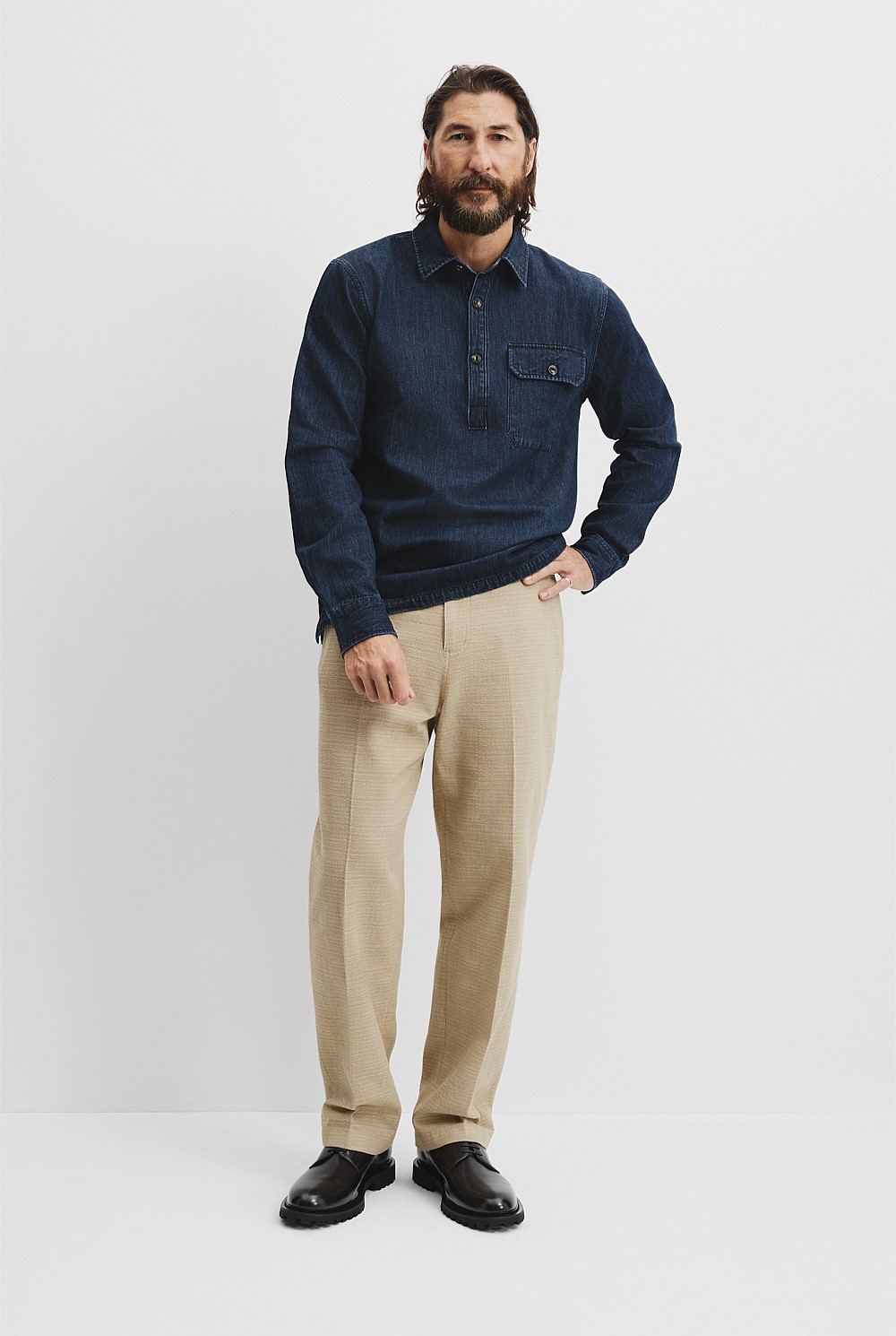 Indigo Regular Fit Coated Chambray Shirt - Casual Shirts | Country Road Indigo Regular Fit Coated Chambray Shirt - Casual Shirts | Country Road