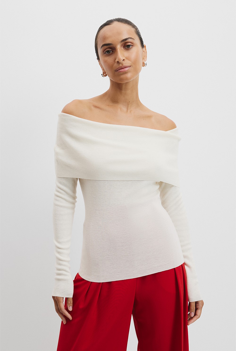 Antique White Off-Shoulder Detail Knit - Knitwear | Country Road Antique White Off-Shoulder Detail Knit - Knitwear | Country Road