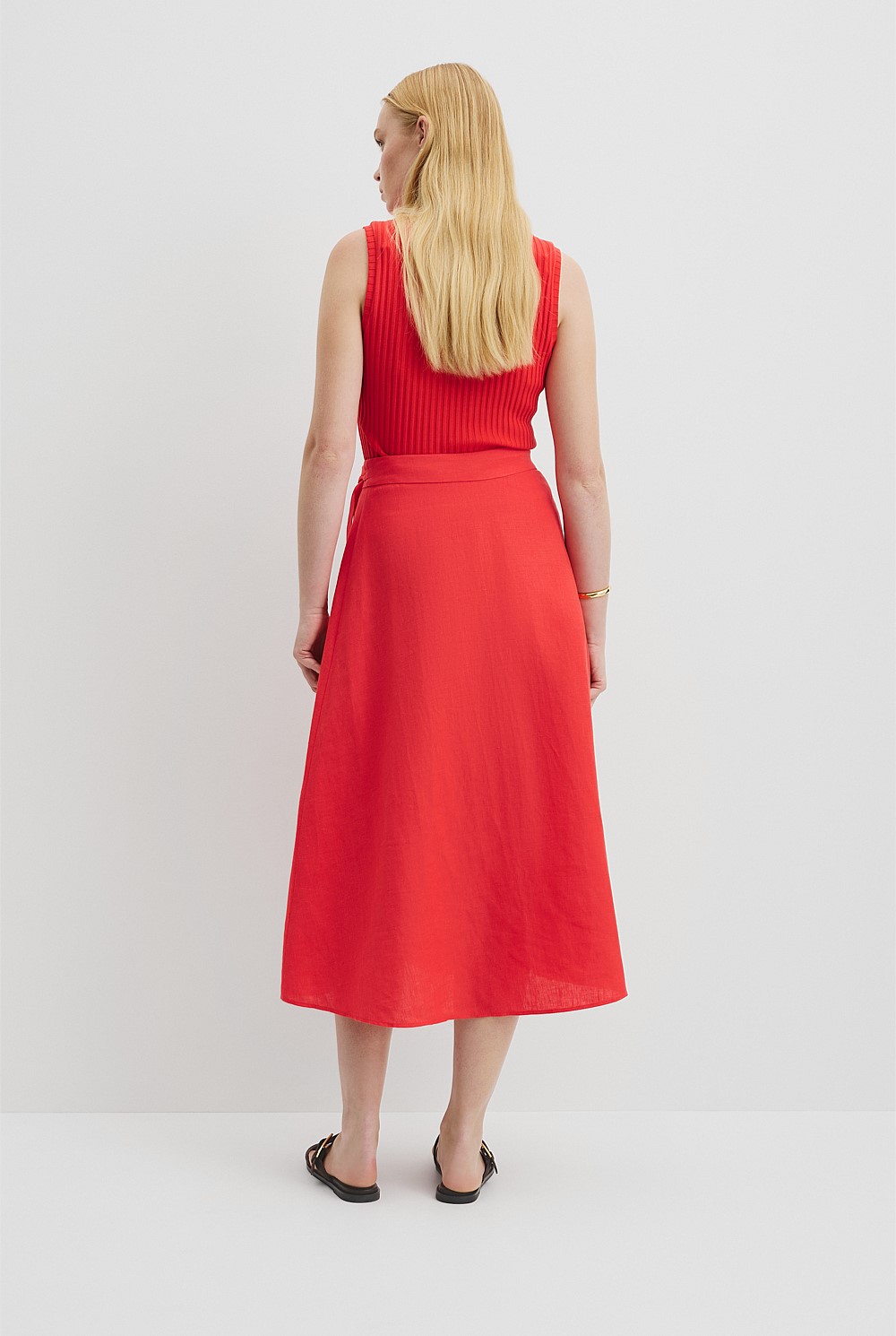 Vivid Red Organically Grown Linen Wrap Midi Skirt - Holiday | Country Road