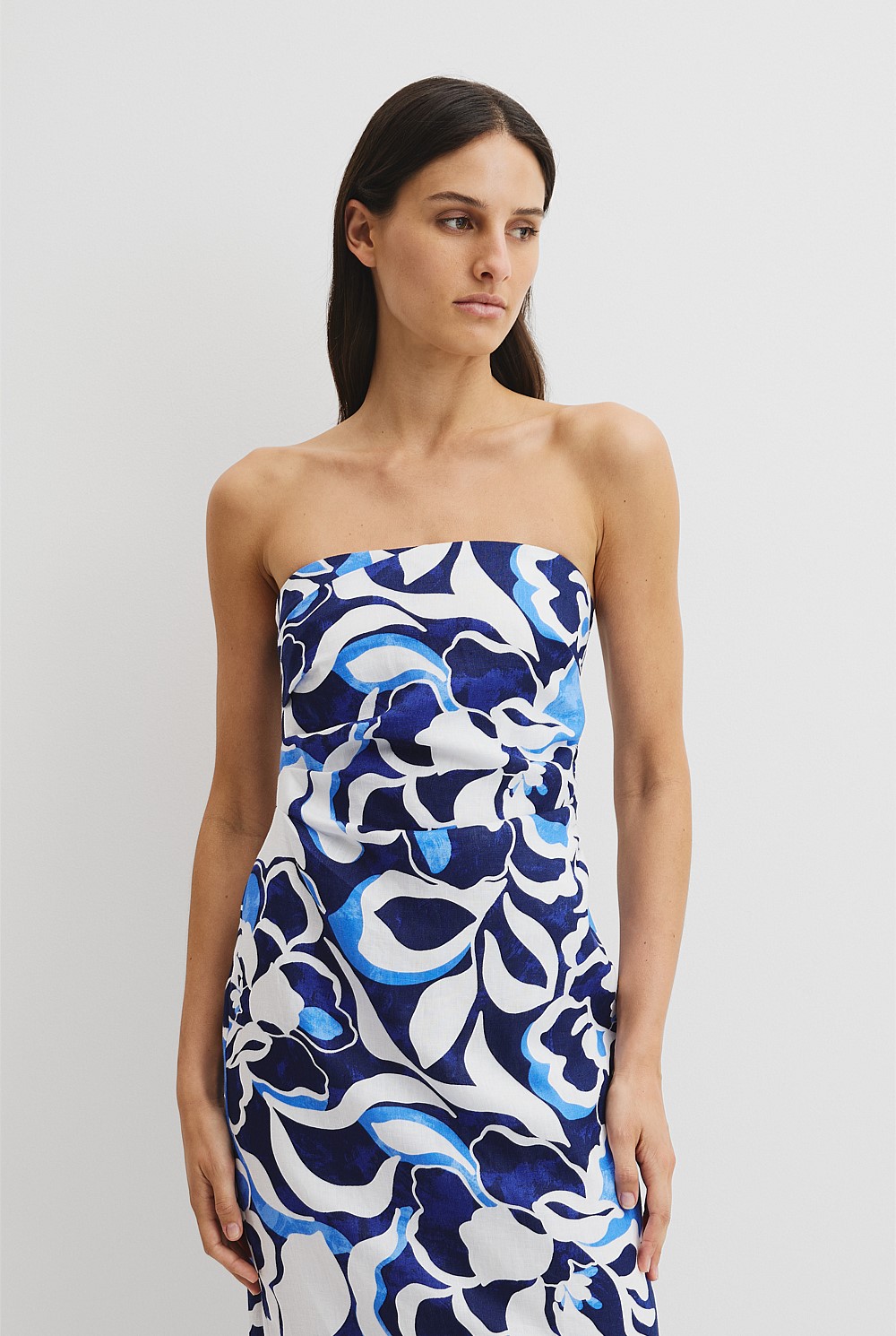 Abstract Floral Print Organically Grown Linen Print Strapless Midi Dress -  Event | Country Road