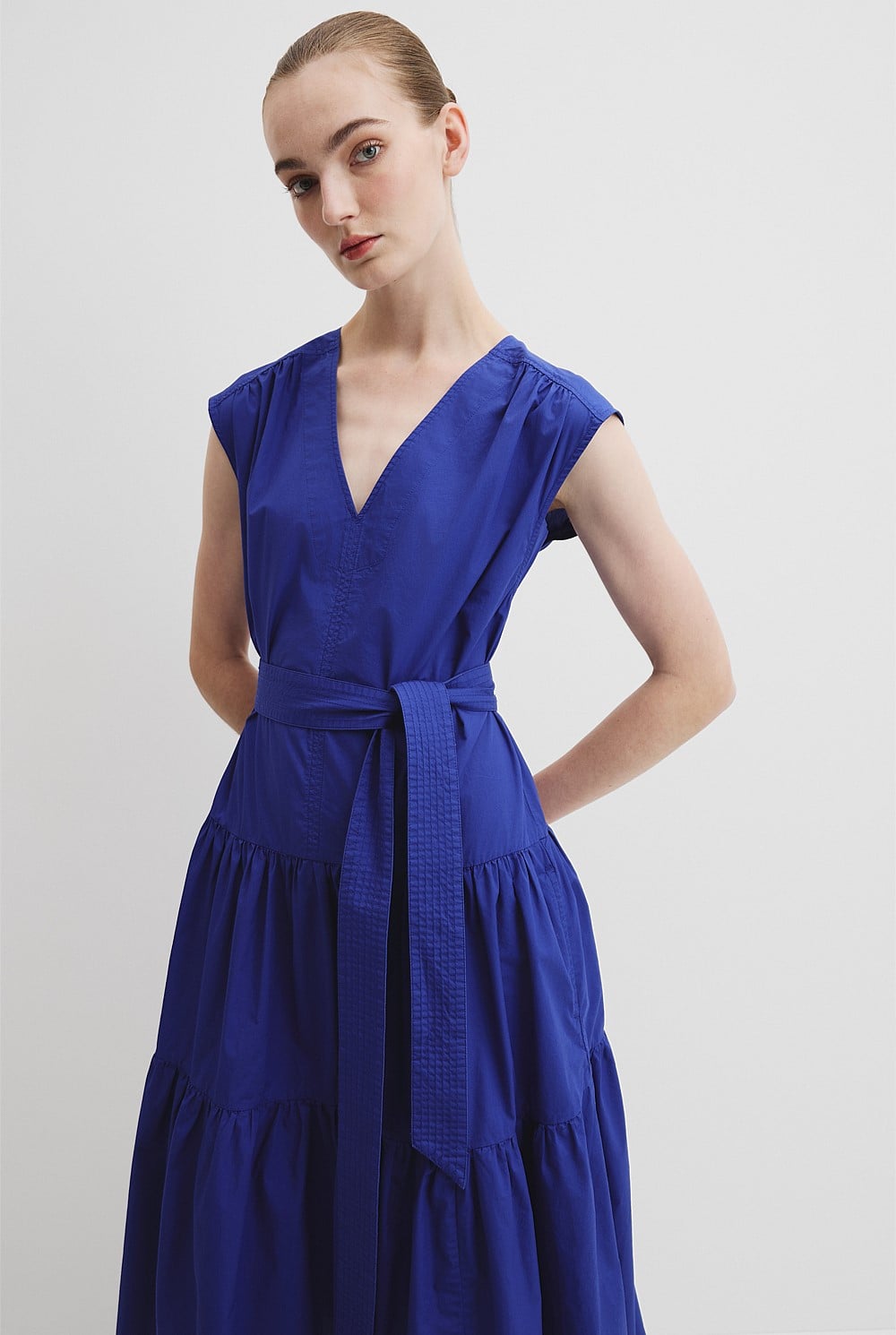 knee length dresses for ladies Light Blue Sleeveless Pleated Ruffle Tiered Midi Dress – PinkBlush main image 0
