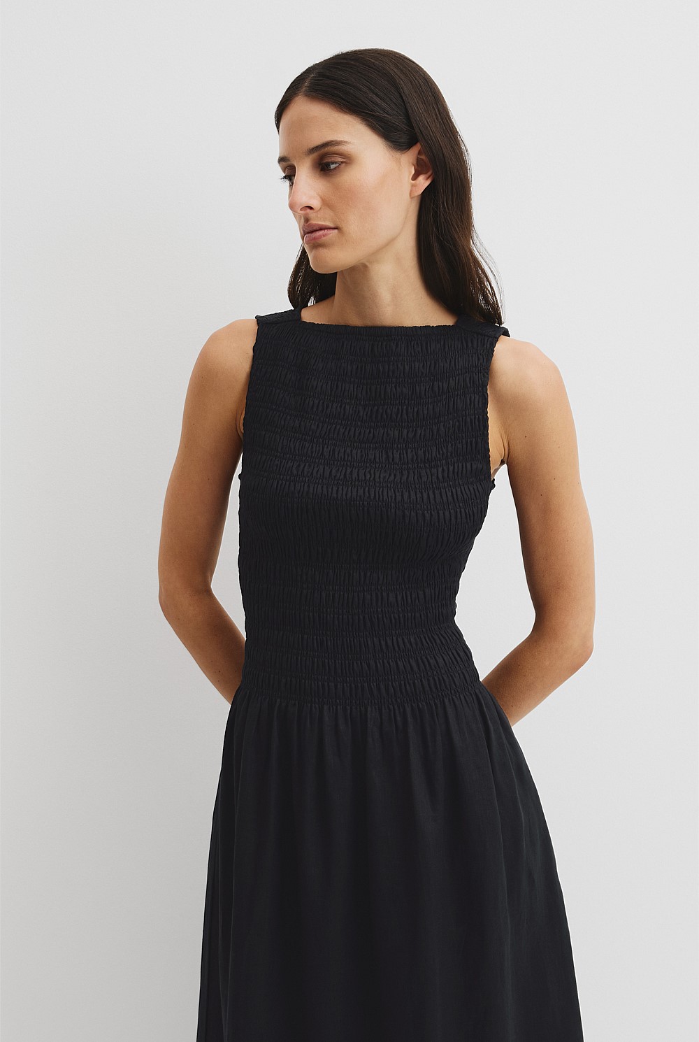 Black Organically Grown Linen Shirred Midi Dress - Event | Country Road