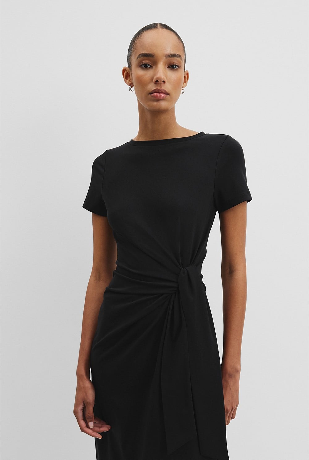 black side tie dress Black Midi Dress with Front Side Tie main image 1