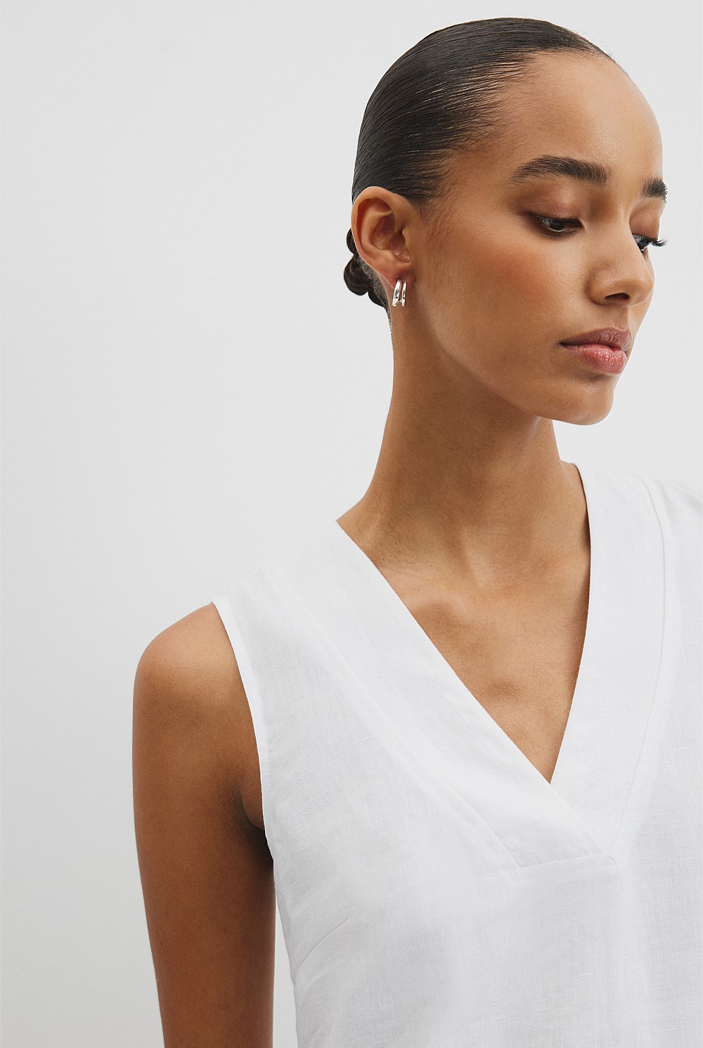 White Organically Grown Linen Sleeveless V-Neck Linen Dress - Event | Country Road White Organically Grown Linen Sleeveless V-Neck Linen Dress - Event | Country Road