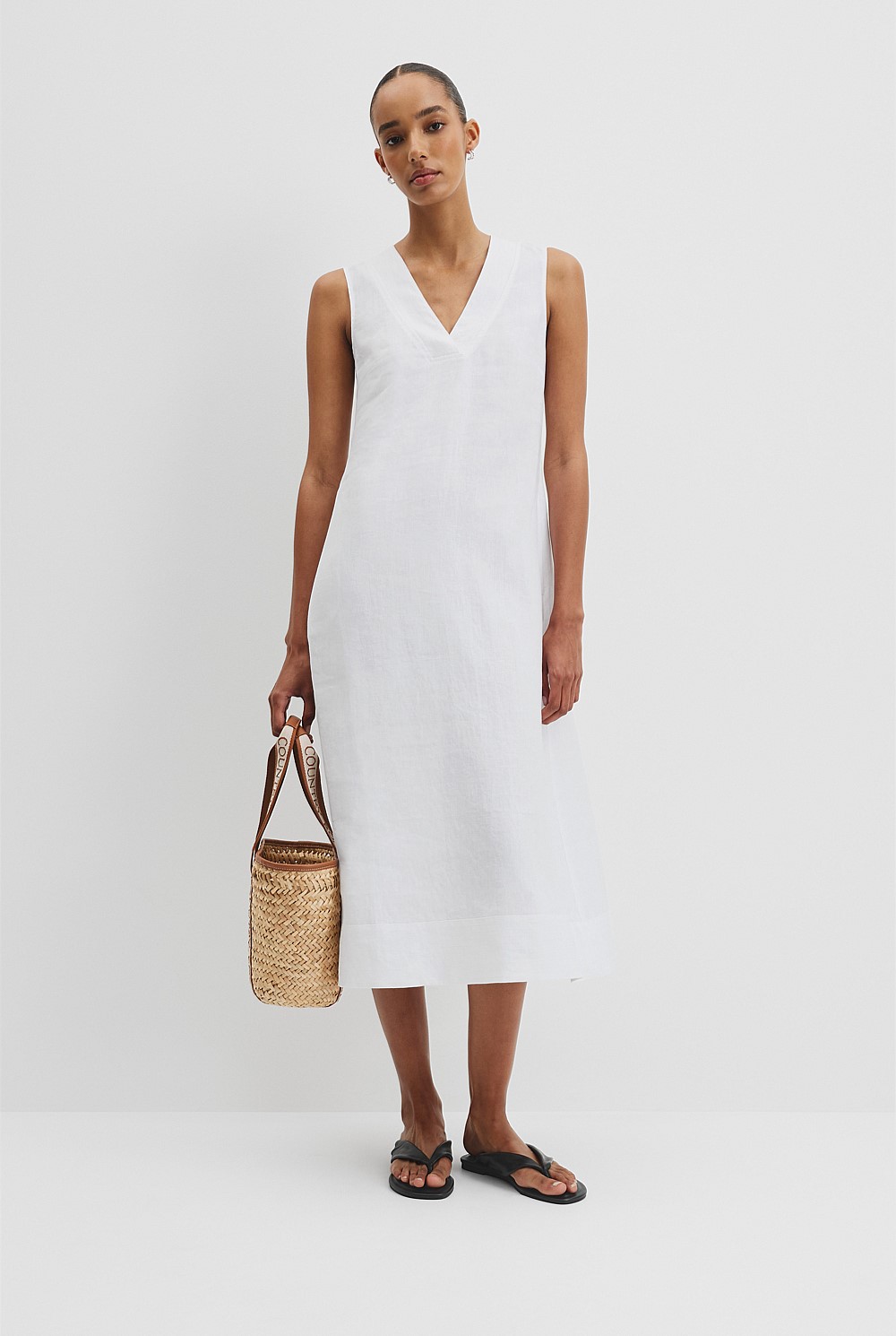 White Organically Grown Linen Sleeveless V-Neck Linen Dress - Event | Country Road White Organically Grown Linen Sleeveless V-Neck Linen Dress - Event | Country Road