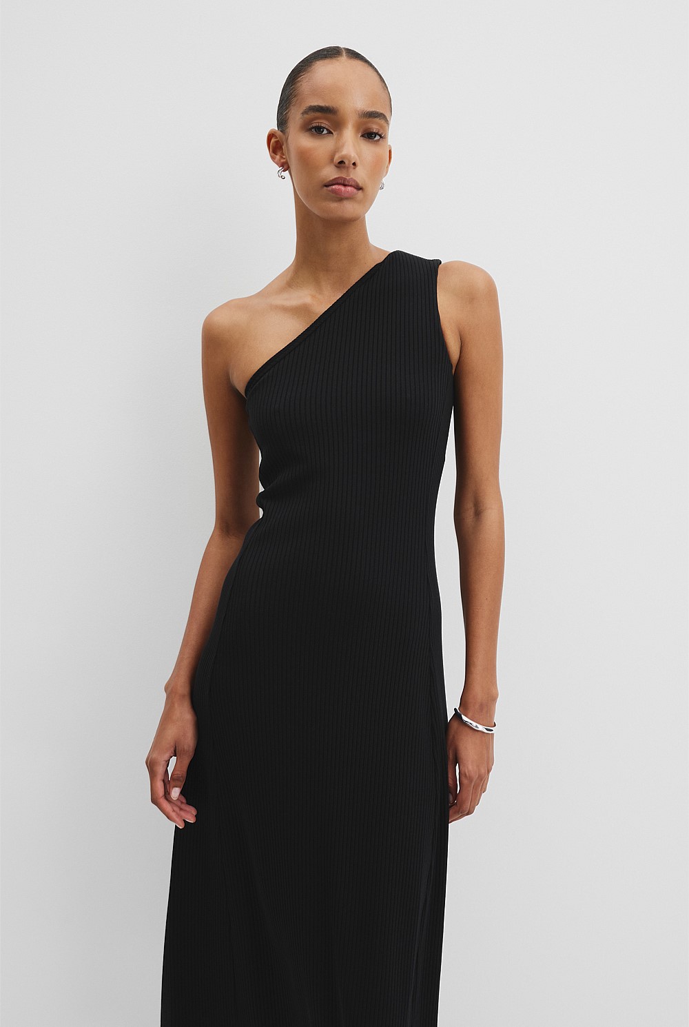 Black One Shoulder Rib Dress - Event | Country Road