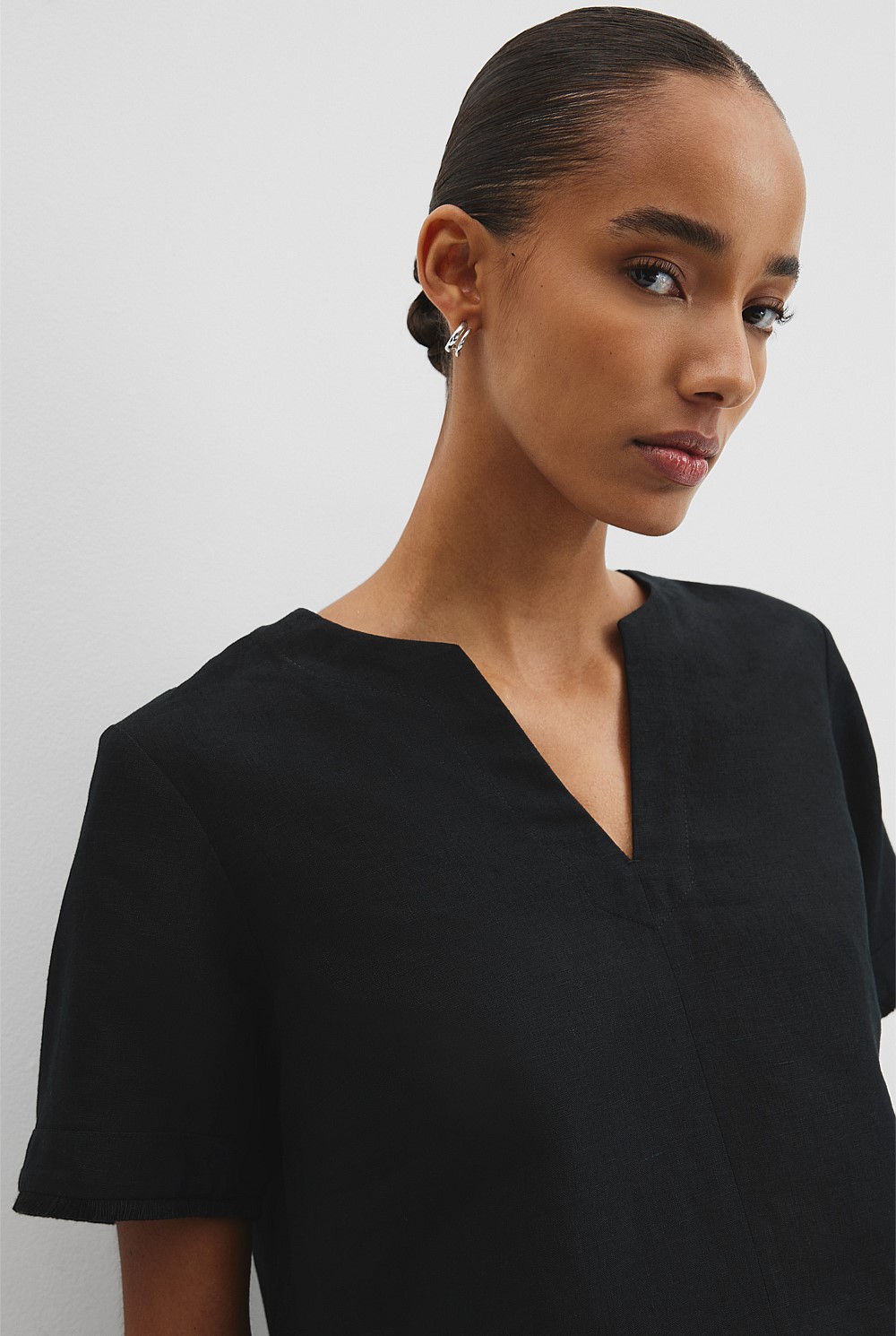 Black Organically Grown Linen Frayed Popover Top - Work | Country Road