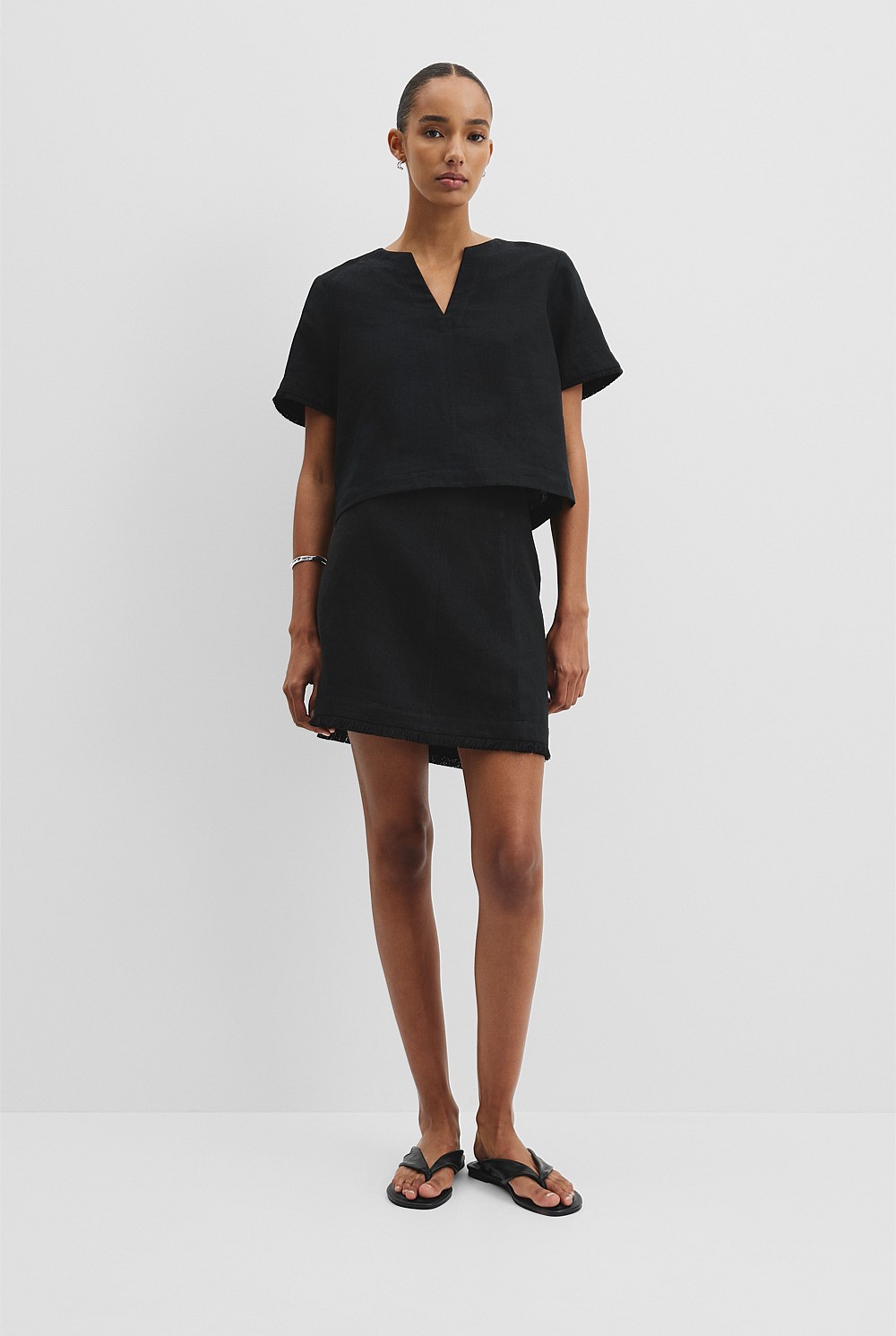 Black Organically Grown Linen Frayed Popover Top - Work | Country Road