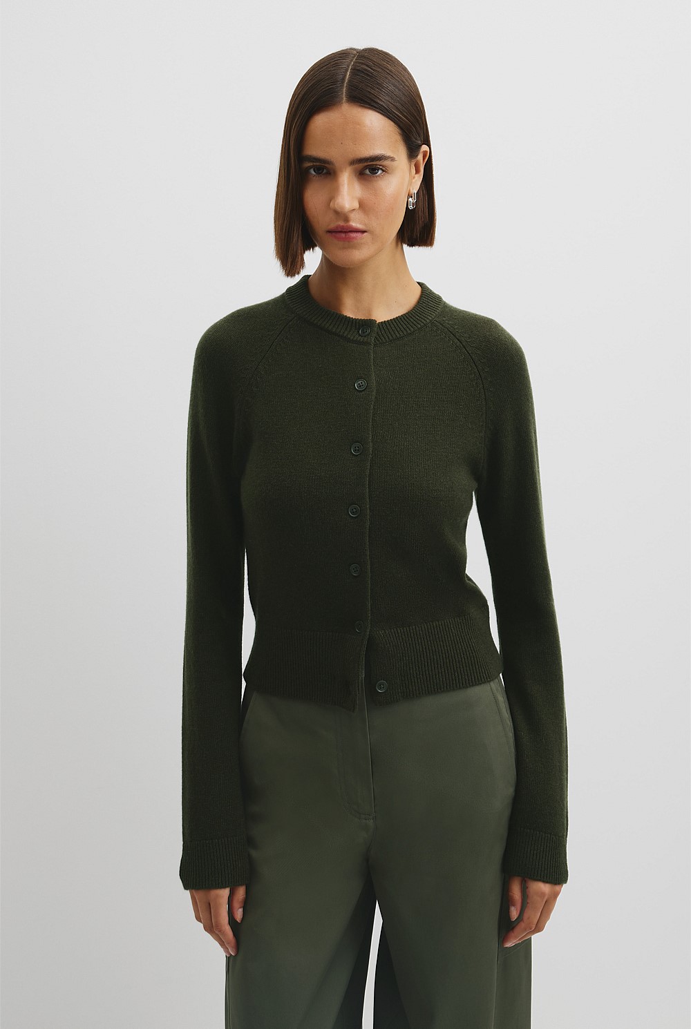 トップス Cotton Knit Cardigan 2 Moss Green Moss Green Cotton Cashmere Crew Neck Cardigan - Knitwear | Country