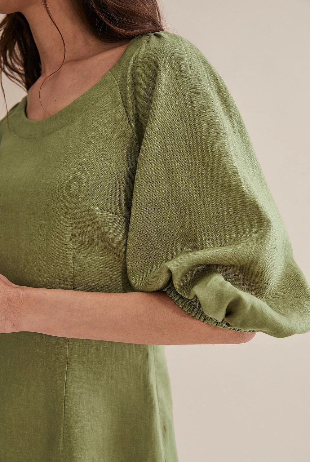 Olive Linen Puff Sleeve Dress - Dresses | Country Road