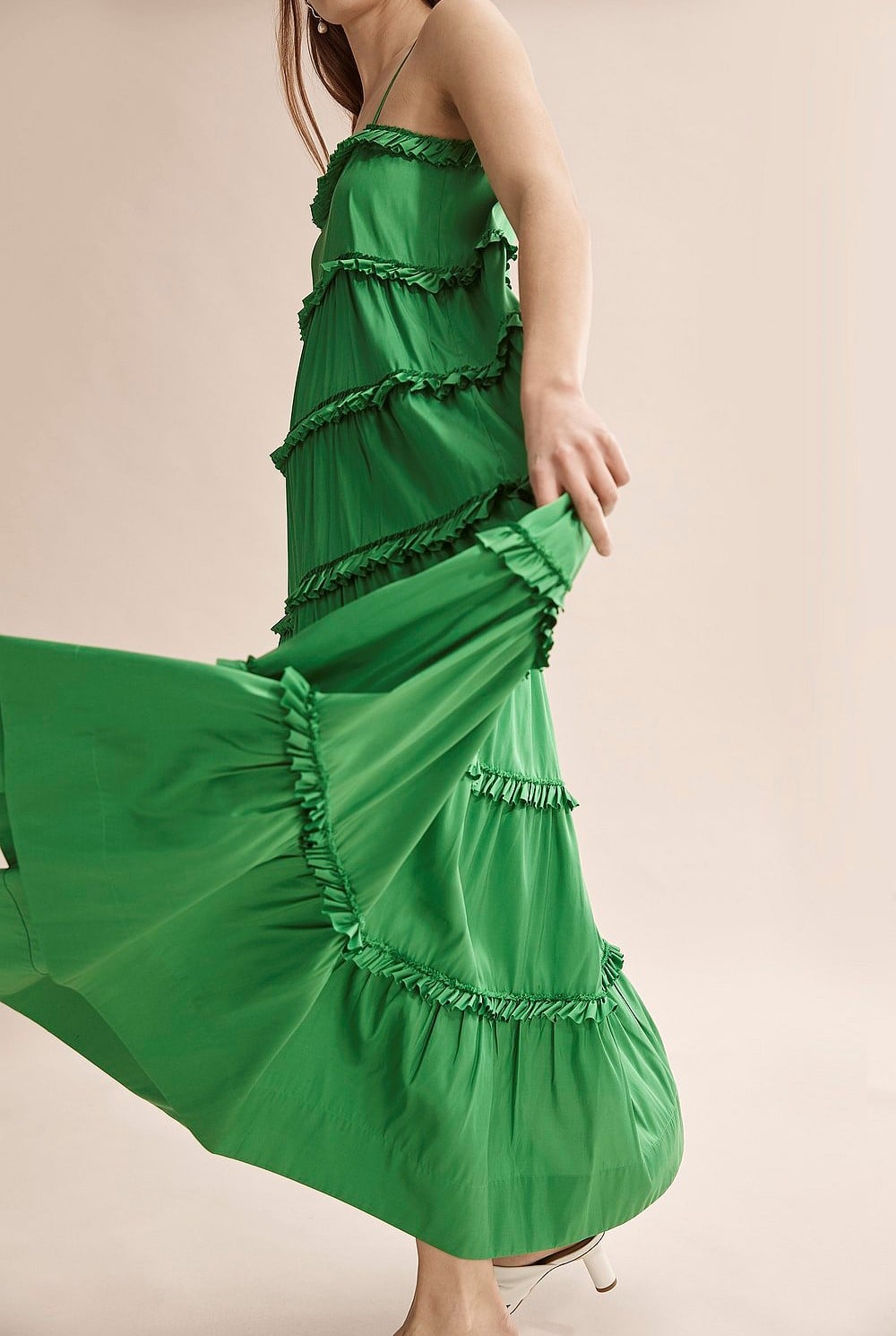 country road green maxi dress Green Strapless Corset Gown with Spiral Ruffles