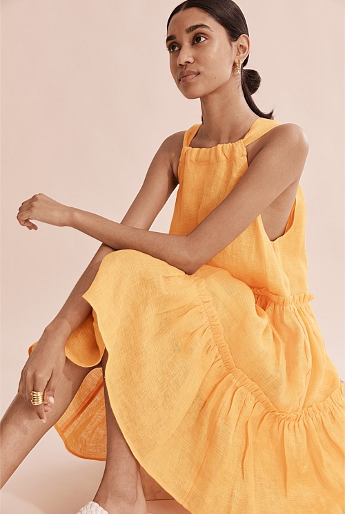 Turmeric Organically Grown Linen Crinkle Tiered Mini Dress - Dresses | Country  Road