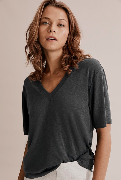 Charcoal Deep V-Neck Cotton Modal T-Shirt - T-Shirts & Tops | Country Road