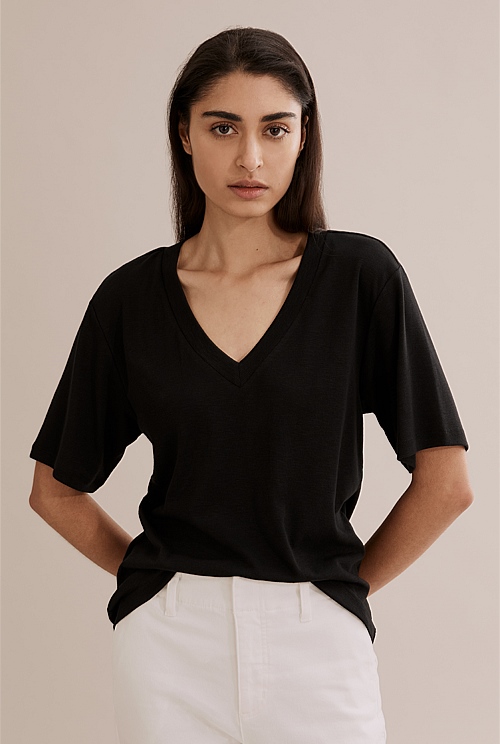 Black Deep V Neck Cotton Modal T Shirt T Shirts Tops Country Road