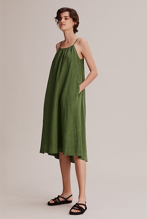 Olive Green Organically Grown French Linen Midi Dress Dresses Country Road