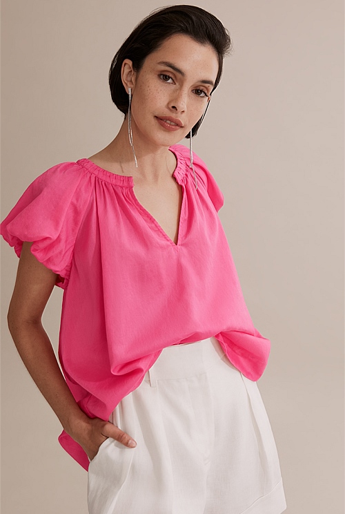 Flamingo Pink Puff Sleeve Popover - Shirts | Country Road