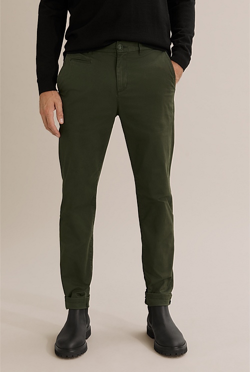 Dark Olive Australian Cotton Tapered Fit Stretch Chino - Chinos | Country  Road