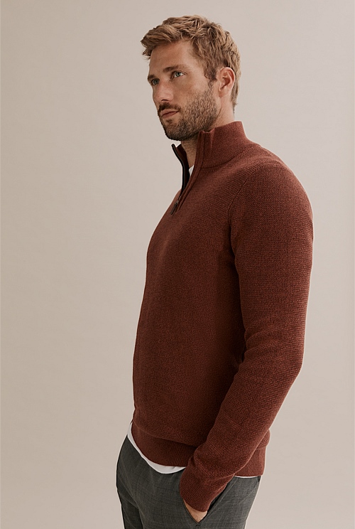 Copper Verified Australian Cotton Textured Half Zip Knit Knitwear Country Road