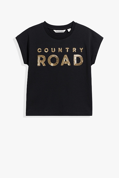 Metallic Black Australian Cotton Logo Sequin T-Shirt - T-Shirts 