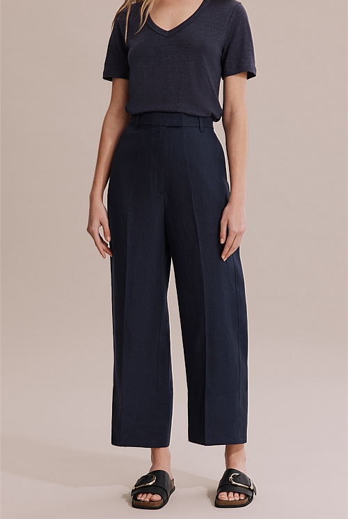 Navy Organically Grown Linen Straight Leg Culotte - Pants | Country Road