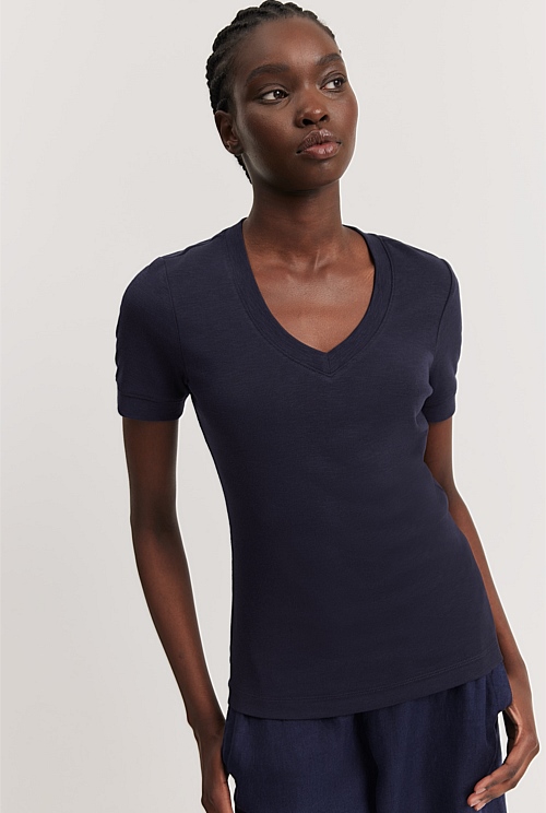 Midnight Blue Textured Fitted V-Neck T-Shirt - T-Shirts \u0026 Tops | Country  Road