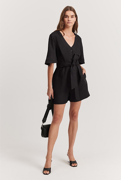 Black Organically Grown Linen Pleat Detail Playsuit - Organically