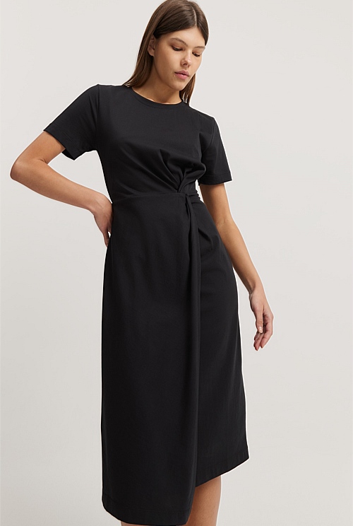 Black Australian Cotton Knot Front Midi Dress - Dresses | Country Road