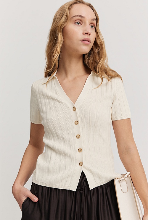 Antique White Organically Grown Cotton Button Front Knit Polo  