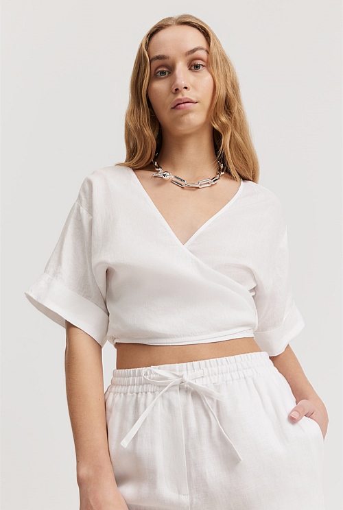 White Organically Grown Linen Wrap Blouse - T-Shirts & Tops