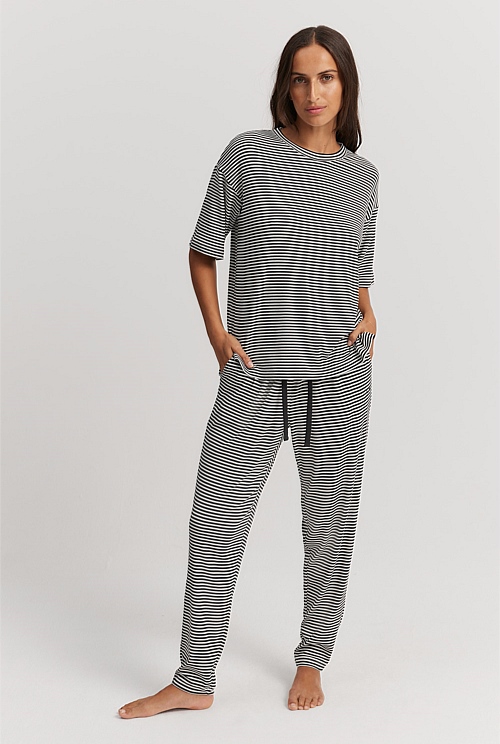 Black Stripe Luxe Rib Stripe Pyjama T Shirt Sleepwear Country Road