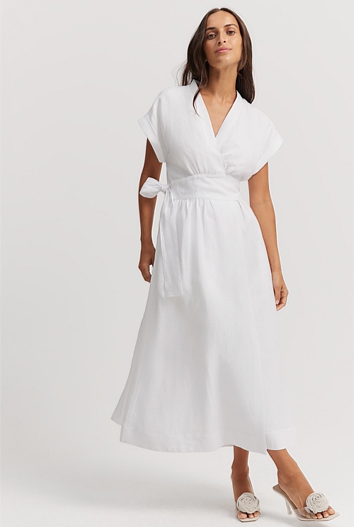 Linen wrap midi dress online